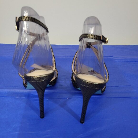 BETSEY JOHNSON Strappy Black & Gold Animal Print Heels - Picture 2 of 14